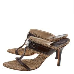 Dior Brown Canvas And Patent Leather T-Strap Sandals Size 38