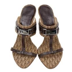 Dior Brown Canvas And Patent Leather T-Strap Sandals Size 38