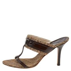 Dior Brown Canvas And Patent Leather T-Strap Sandals Size 38
