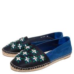 Pre Owned Dior Blue-Black Canvas Crystal Embellished Riviera Espadrille Flats Size 36