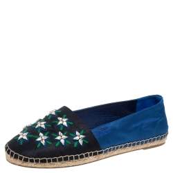 Pre Owned Dior Blue-Black Canvas Crystal Embellished Riviera Espadrille Flats Size 36