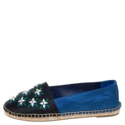 Pre Owned Dior Blue-Black Canvas Crystal Embellished Riviera Espadrille Flats Size 36