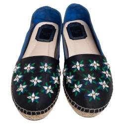 Pre Owned Dior Blue-Black Canvas Crystal Embellished Riviera Espadrille Flats Size 36