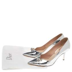 Pre Owned Dior Metallic Silver Foil Leather Charm Pointed Toe Pumps Size 37