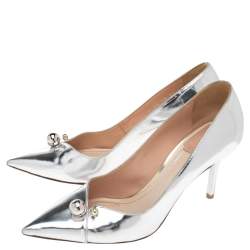 Pre Owned Dior Metallic Silver Foil Leather Charm Pointed Toe Pumps Size 37