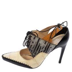 Pre Owned Dior Multicolor Leather, Lizard and Croc Embossed Cut Out Lace Up Pumps Size 37.5