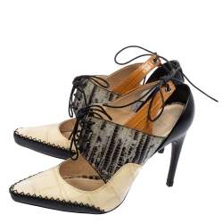Pre Owned Dior Multicolor Leather, Lizard and Croc Embossed Cut Out Lace Up Pumps Size 37.5