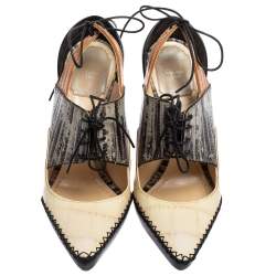 Pre Owned Dior Multicolor Leather, Lizard and Croc Embossed Cut Out Lace Up Pumps Size 37.5
