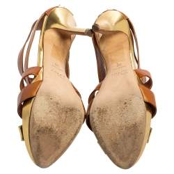 Pre Owned Dior Tan/Gold Metallic Leather and Leather Caged Peep Toe Pumps Size 38