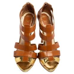 Pre Owned Dior Tan/Gold Metallic Leather and Leather Caged Peep Toe Pumps Size 38