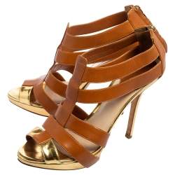 Pre Owned Dior Tan/Gold Metallic Leather and Leather Caged Peep Toe Pumps Size 38