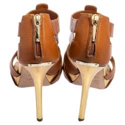 Pre Owned Dior Tan/Gold Metallic Leather and Leather Caged Peep Toe Pumps Size 38