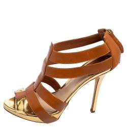 Pre Owned Dior Tan/Gold Metallic Leather and Leather Caged Peep Toe Pumps Size 38