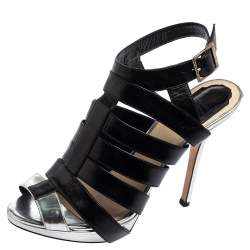 Pre Owned Dior Black/Silver Metallic Leather and Leather Caged Peep Toe Pumps Size 38