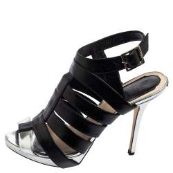 Pre Owned Dior Black/Silver Metallic Leather and Leather Caged Peep Toe Pumps Size 38