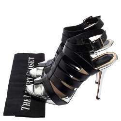 Pre Owned Dior Black/Silver Metallic Leather and Leather Caged Peep Toe Pumps Size 38