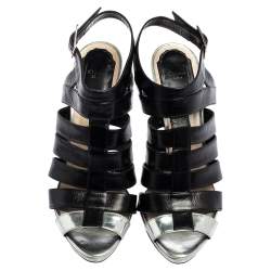 Pre Owned Dior Black/Silver Metallic Leather and Leather Caged Peep Toe Pumps Size 38
