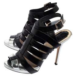 Pre Owned Dior Black/Silver Metallic Leather and Leather Caged Peep Toe Pumps Size 38