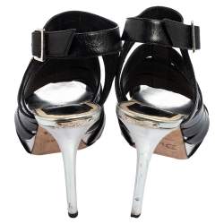 Pre Owned Dior Black/Silver Metallic Leather and Leather Caged Peep Toe Pumps Size 38