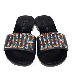 مملوكة مسبقًا Dior Black Leather Diorevolution Flat Slides Size 39.5