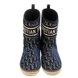 Pre Owned Dior Blue Oblique Velvet Chez Moi Dior Granville Ankle Boots Size 38.5