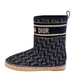Pre Owned Dior Blue Oblique Velvet Chez Moi Dior Granville Ankle Boots Size 38.5