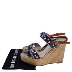 Dior Blue/Brown PVC And Leather Flower Embellished Wedge Platform Espadrille Sandals Size 38.5