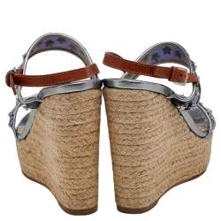 Dior Blue/Brown PVC And Leather Flower Embellished Wedge Platform Espadrille Sandals Size 38.5