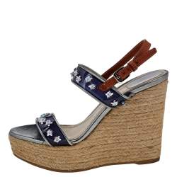 Dior Blue/Brown PVC And Leather Flower Embellished Wedge Platform Espadrille Sandals Size 38.5