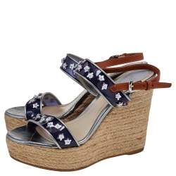 Dior Blue/Brown PVC And Leather Flower Embellished Wedge Platform Espadrille Sandals Size 38.5