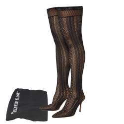 Dior Black Lace And Croc Embossed Leather Over The Knee Boots Size 38