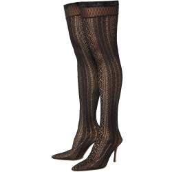 Dior Black Lace And Croc Embossed Leather Over The Knee Boots Size 38