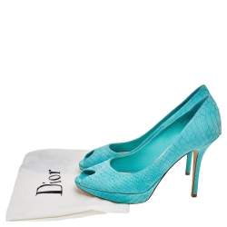 Dior Aqua Blue Python Embossed Suede Miss Dior Peep Toe Platform Pumps Size 40