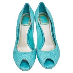 Dior Aqua Blue Python Embossed Suede Miss Dior Peep Toe Platform Pumps Size 40