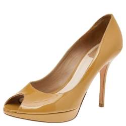 Dior Mustard Patent Leather Miss Dior Peep Toe Platform Pumps Size 40.5