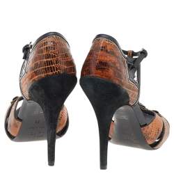Dior Brown/Black Embossed And Patent Leather Ankle Strap Sandals Size 38