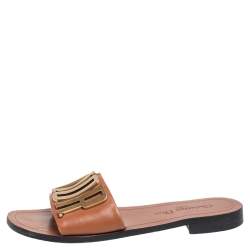 مملوكة مسبقًا Dior Brown Leather Revolution Logo Slide Sandals Size 38