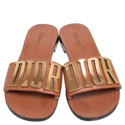 مملوكة مسبقًا Dior Brown Leather Revolution Logo Slide Sandals Size 38