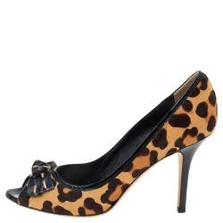 Dior Brown/Black Leopard Print Calf Hair And Patent Leather Bow Open Toe Pumps Size 40