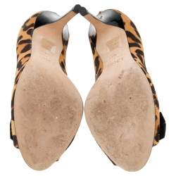 Dior Brown/Black Leopard Print Calf Hair And Patent Leather Bow Open Toe Pumps Size 40