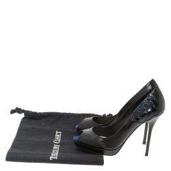 مملوكة مسبقًا حذاء كعب عالي ديور جلد أسود وسويدي أزرق بنقشة وردة ومقدمة مفتوحة ونعل سميك مقاس 37.5