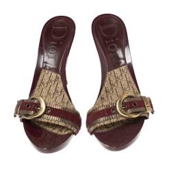 Dior Burgundy Canvas and Suede Buckle Logo Slip-On Sandals Size 36.5