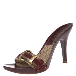 Dior Burgundy Canvas and Suede Buckle Logo Slip-On Sandals Size 36.5