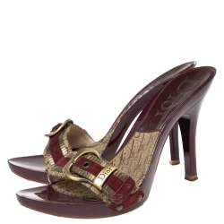 Dior Burgundy Canvas and Suede Buckle Logo Slip-On Sandals Size 36.5