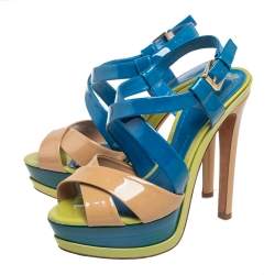 Dior Multicolor Patent Leather Cross Strap Slingback Platform Sandals Size 37.5