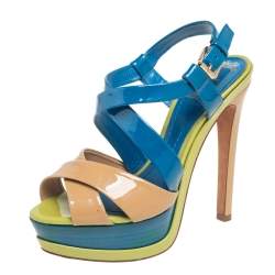 Dior Multicolor Patent Leather Cross Strap Slingback Platform Sandals Size 37.5