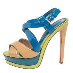 Dior Multicolor Patent Leather Cross Strap Slingback Platform Sandals Size 37.5