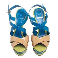 Dior Multicolor Patent Leather Cross Strap Slingback Platform Sandals Size 37.5