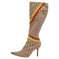 Dior Multicolor Monogram Canvas And Leather Knee Length Boots Size 40.5