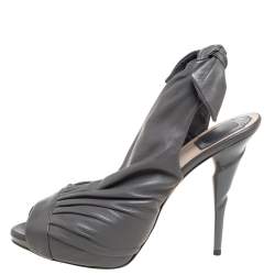 Dior Grey Pleated Leather Peep-Toe D'orsay Bow Slingback Sandals Size 40.5 